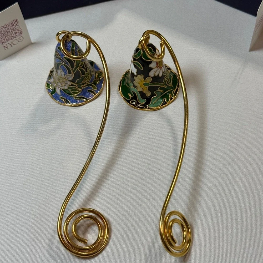 NYCO Cloisonne Candle Snuffer Pair Floral Bird Enamel Gold Tone Nicki Yassaman